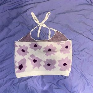 Purple floral cropped neck tie halter.